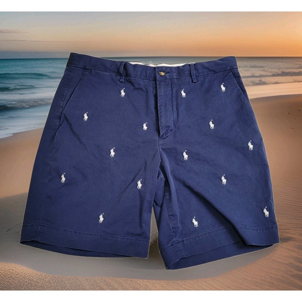 🐎POLO Ralph Lauren Allover Pony 9" Stretch Classic Fit Chino Shorts Blue Men 36
